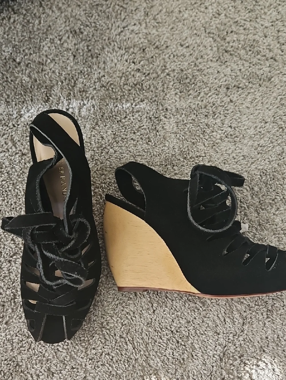 Loeffler Randall Black Suede Lace-Up Wedge Sandals 6.5